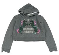 Šedá crop mikina s jednorožci z flitrů a kapucí H&M