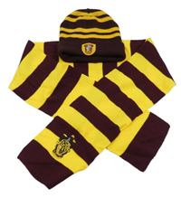 2 set - Žluto-vínová pruhovaná pletená čepice + šála - Harry Potter 