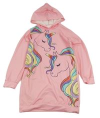 Světlerůžové teplákové šaty s jednorožci a kapucí 