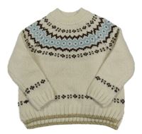 Smetanovo-hnědo-modrý vzorovaný svetr