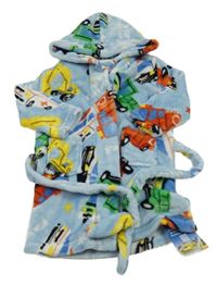 Světlemodrý plyšový župan s barevnými auty a kapucí 