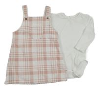 2 set - bílé žebrované body + bílo-růžové kostkované fleecové laclové šaty George