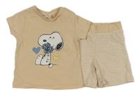 2 set - světlebéžové tričko se Snoopym + pruhované kraťasy 