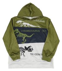 Zeleno-šedo-bílá sportovní mikina s dinosaury a kapucí 