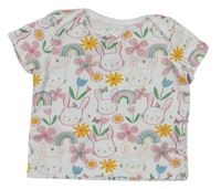 Bílé květované tričko s králíky a duhami F&F