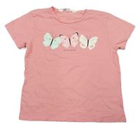 Růžové tričko s motýly a nápisem H&M