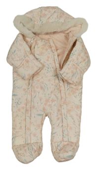 Světlerůžová šusťáková květovaná zimní kombinéza s kapucí Matalan