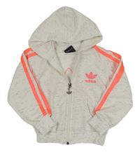 Bílo-neonově růžová melírovaná propínací mikina s pruhy a kapucí Adidas