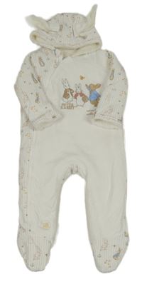 Bílo-šedá zateplená bavlněná kombinéza s pruhy a králíčky a kapucí s oušky 