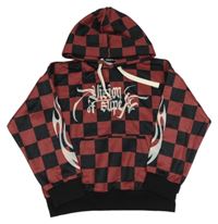 Vínovo-černá kostkovaná mikina s nápisem a kapucí 