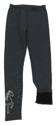 Antracitové třpytivé zateplené legíny s koněm Yigga