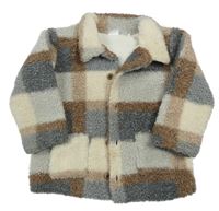 Světlešedo-smetanovo-hnědá kostkovaná huňatá košilová zateplená bunda F&F