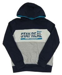 Tmavomodro-šedo-bílá mikina s nápisy a kapucí Y.F.K.