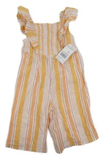 Nové - Oranžovo-žluto-bílý pruhovaný kalhotový lněný culottes overal F&F