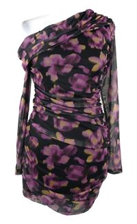 Dámské černo-růžové kytičkované tylové asymetrické šaty Boohoo 