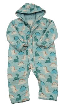 Světlemodrá šusťáková zimní kombinéza s dinosaury a kapucí zn. M&S