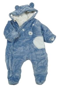Modrá chlupatá zateplená kombinéza s medvědem a kapucí Mothercare