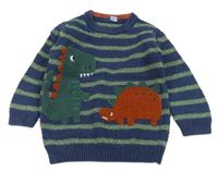 Tmavomodro-zelený pruhovaný svetr s dinosaury Nutmeg