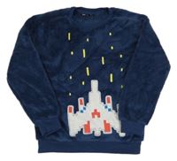 Tmavomodrá chlupatá mikina se stíhačkou 