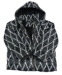 Černá károvaná šusťáková zateplená bunda s písmeny a kapucí Baker