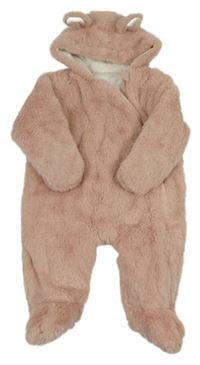 Růžová kožešinová zateplená kombinéza s kapucí s oušky Primark