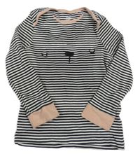 Černo-bílo-světlerůžové pruhované žebrované pyžamové triko s čumáčkem F&F