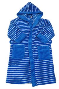 Modro-bílý pruhovaný chlupatý župan s kapucí