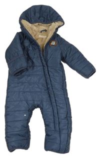 Tmavomodrošedá šusťáková prošívaná zimní kombinéza s medvědem a kapucí