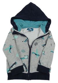 Šedo-tmavomodrá propínací mikina s letadly a kapucí Pocopiano