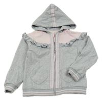 Šedo-světlerůžová melírovaná propínací mikina s volánky a kapucí 