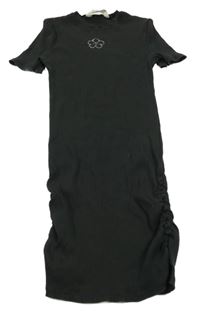 Antracitové žebrované elastické šaty s květinou z kamínků H&M