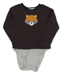 Tmavomodro-hnědé pruhované triko s mývalem a všitým body Impidimpi