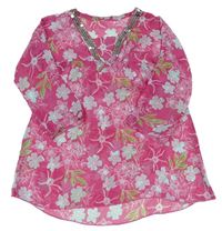 Růžové květované šifonové plážové šaty s flitry 