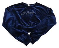 Tmavomodrá sametová crop mikina s nápisem z kamínků Shein