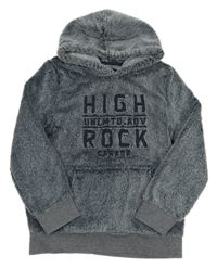 Šedo-tmavomodrá chlupatá mikina s nápisem a kapucí C&A