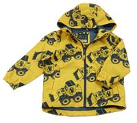 Žluto-tmavomodrá šusťáková jarní bunda s traktory a kapucí Next