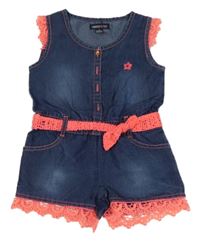 Tmavomodro-neonově růžový riflový letní overal s krajkou Limited Too 