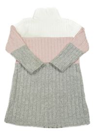 Šedo-světlerůžovo-bílé žebrované úpletové šaty s rolákem