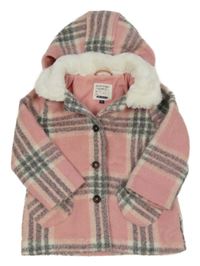 Světleerůžovo-šedo-bílá kostkovaná vlněná podšitá parka s kapucí C&A