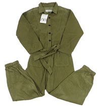 Khaki manšestrová kombinéza s límečkem a páskem ZARA