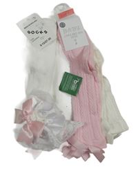 Nové - 3x - Ponožky - Světlerůžové a bílé žebrované vzorované s mašlí Matalan, bílé krajkovým volánkem a mašlí