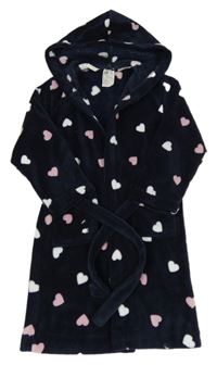 Tmavomodrý plyšový župan se srdíčky a kapucí H&M