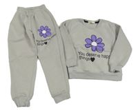 2Set - Světlešedá teplá mikina s květem a nápisy + tepláky zn. Cimiks