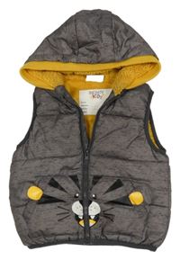 Šedo-tmavošedá melírovaná šusťáková zateplená vesta s tygrem a kapucí INFINITY KIDS