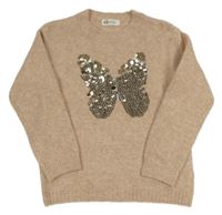 Pudrový melírovaný vlněný svetr s motýlkem z pajetek H&M