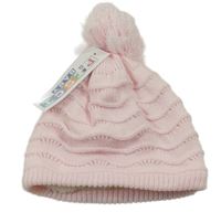 Nové - světlerůžová žebrovaná perforovaná pletená zateplená čepice s bambulí 