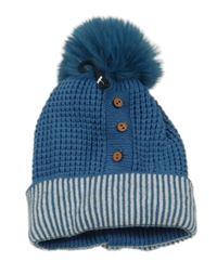 Nové - modro-bílá vzorovaná pletená zateplená čepice s knoflíky a pruhy a bambulí