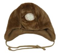 Hnědá plyšová zateplená zavazovací čepice s medvídkem