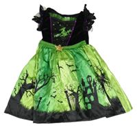 Kostým - Zeleno-černé saténovo/sametové šaty s čarodějkou a hradem a stromy a volánky F&F
