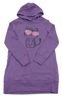 Tmavofialové teplákové šaty s kočičkou s překlápěcími flitry a kapucí bpc